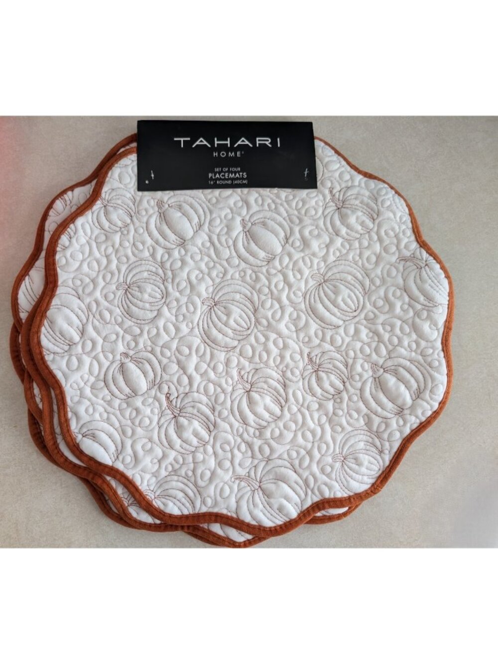 Tahari Home Quilted Pumpkin Placemats Set of 4 Fall Harvest Thanksgiving 16 Inch